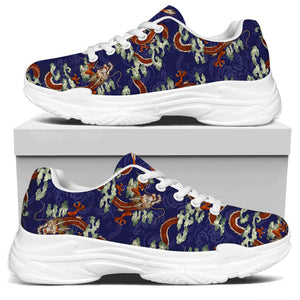 Orange Japanese Dragon Pattern Print White Chunky Shoes