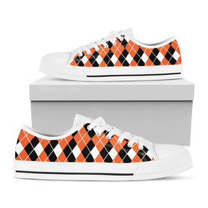 Orange White And Black Argyle Print White Low Top Sneakers