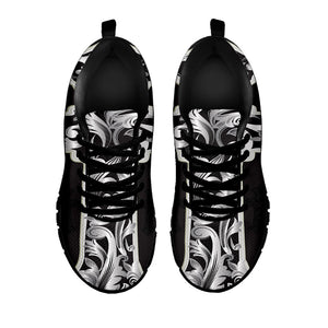 Ornamental Silver Cross Print Black Running Shoes