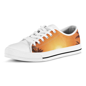 Palm Tree Beach Sunset Print White Low Top Sneakers