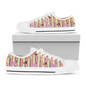 Pastel Striped Cupcake Pattern Print White Low Top Sneakers