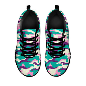 Pastel Teal And Purple Camouflage Print Black Running Shoes