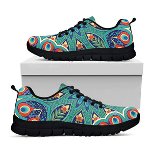 Peacock Feather Floral Pattern Print Black Running Shoes