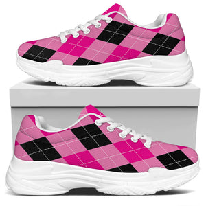 Pink And Black Argyle Pattern Print White Chunky Shoes