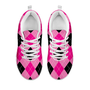 Pink And Black Argyle Pattern Print White Running Shoes
