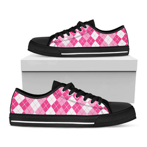 Pink And White Argyle Pattern Print Black Low Top Sneakers