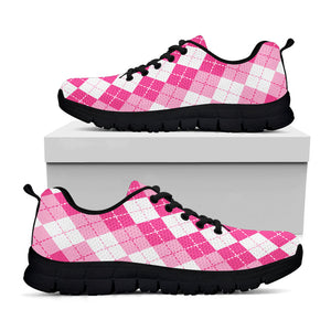 Pink And White Argyle Pattern Print Black Running Shoes
