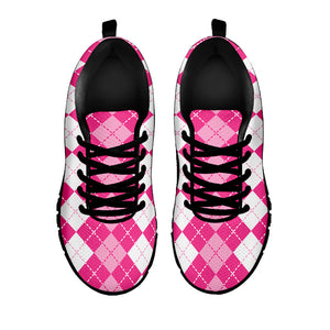 Pink And White Argyle Pattern Print Black Running Shoes