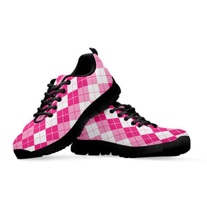Pink And White Argyle Pattern Print Black Running Shoes