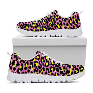 Pink And Yellow Leopard Print White Running Shoes