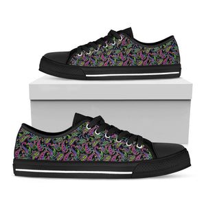 Pink Blue And Green Paisley Print Black Low Top Sneakers