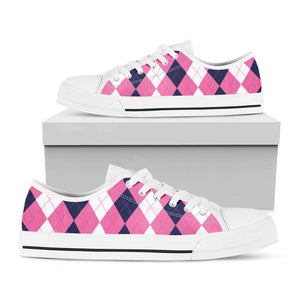 Pink Blue And White Argyle Pattern Print White Low Top Sneakers