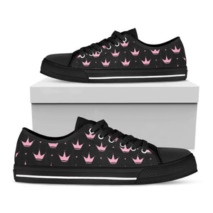 Pink Crown Pattern Print Black Low Top Sneakers