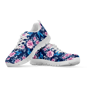 Pink Flowers And Hummingbird Print White Running Shoes