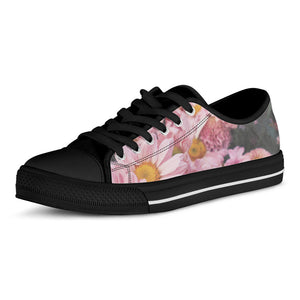 Pink Flowers Print Black Low Top Sneakers