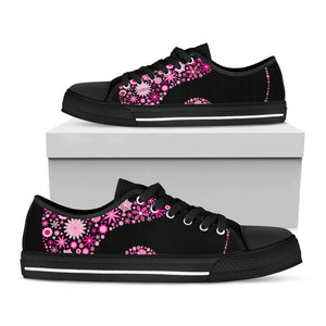 Pink Flowers Yin Yang Print Black Low Top Sneakers