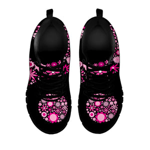 Pink Flowers Yin Yang Print Black Running Shoes
