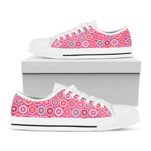 Pink Girly Flower Pattern Print White Low Top Sneakers