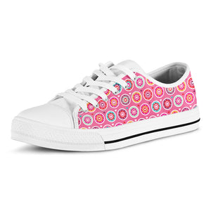 Pink Girly Flower Pattern Print White Low Top Sneakers