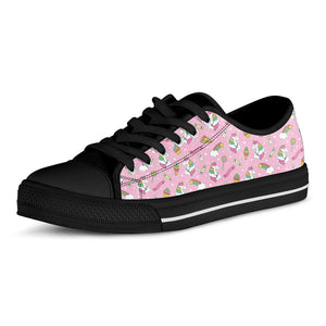 Pink Girly Unicorn Pattern Print Black Low Top Sneakers