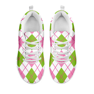 Pink Green And White Argyle Print White Running Shoes