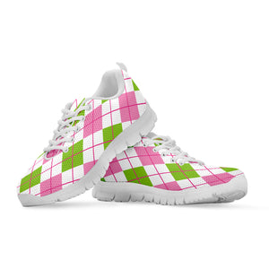 Pink Green And White Argyle Print White Running Shoes