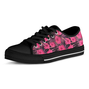 Pink Hawaiian Hibiscus Pattern Print Black Low Top Sneakers