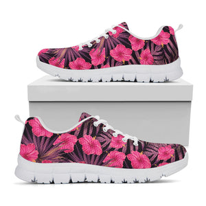 Pink Hawaiian Hibiscus Pattern Print White Running Shoes