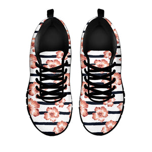 Pink Hibiscus Striped Pattern Print Black Running Shoes