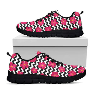 Pink Hibiscus Zigzag Pattern Print Black Running Shoes