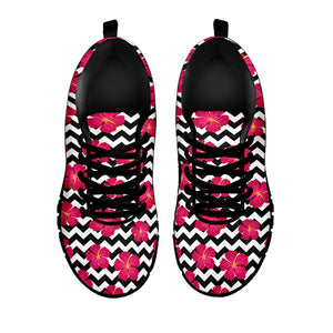 Pink Hibiscus Zigzag Pattern Print Black Running Shoes