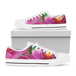 Pink Orchid Flower Print White Low Top Sneakers