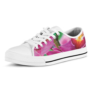 Pink Orchid Flower Print White Low Top Sneakers