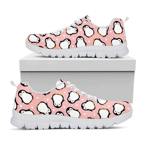 Pink Polka Dot Penguin Pattern Print White Running Shoes
