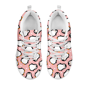 Pink Polka Dot Penguin Pattern Print White Running Shoes