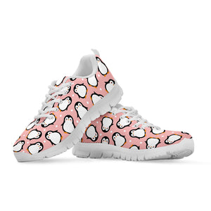 Pink Polka Dot Penguin Pattern Print White Running Shoes