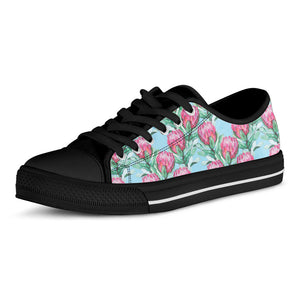 Pink Protea Pattern Print Black Low Top Sneakers