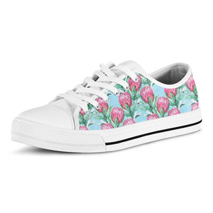 Pink Protea Pattern Print White Low Top Sneakers