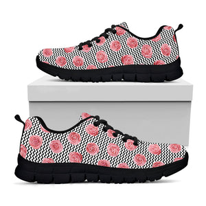Pink Rose Zigzag Pattern Print Black Running Shoes