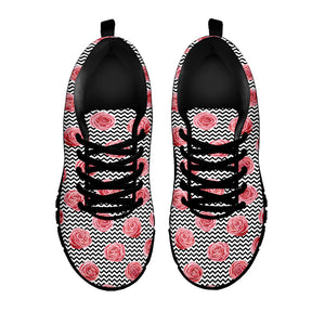 Pink Rose Zigzag Pattern Print Black Running Shoes