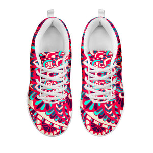 Pink Teal Bohemian Mandala Pattern Print White Running Shoes