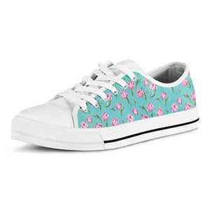 Pink Watercolor Tulip Pattern Print White Low Top Sneakers