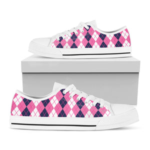 Pink White And Blue Argyle Pattern Print White Low Top Sneakers