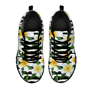 Plumeria Flower Striped Pattern Print Black Running Shoes