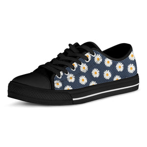 Polka Dot Daisy Floral Pattern Print Black Low Top Sneakers