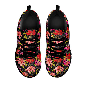 Polka Dot Lily Pattern Print Black Running Shoes