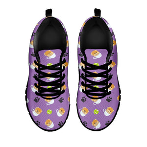 Pomeranian In Tea Cup Pattern Print Black Running Shoes