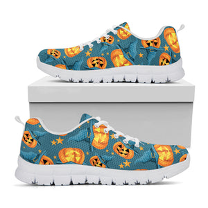 Pumpkin With Witch Hat Pattern Print White Running Shoes