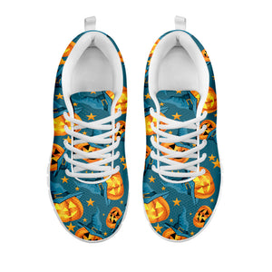 Pumpkin With Witch Hat Pattern Print White Running Shoes