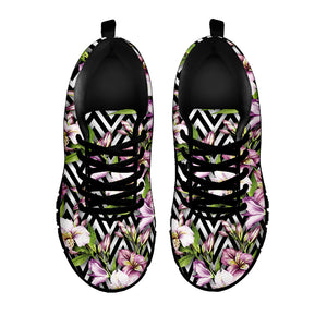 Purple Alstroemeria Zigzag Pattern Print Black Running Shoes